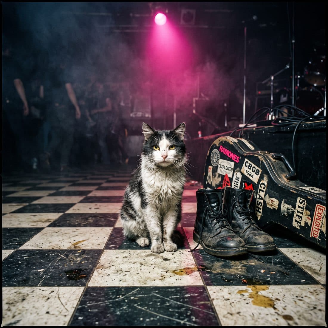 A stray cat on a club floor